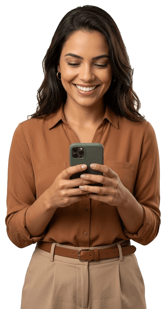 Mulher sorrindo ao encontrar um serviço no celular com a Willa