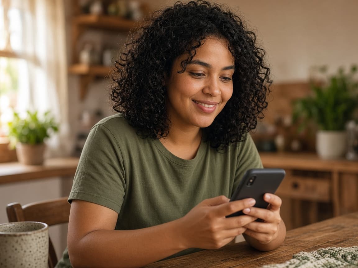 Mulher sorrindo enquanto busca um serviço no celular