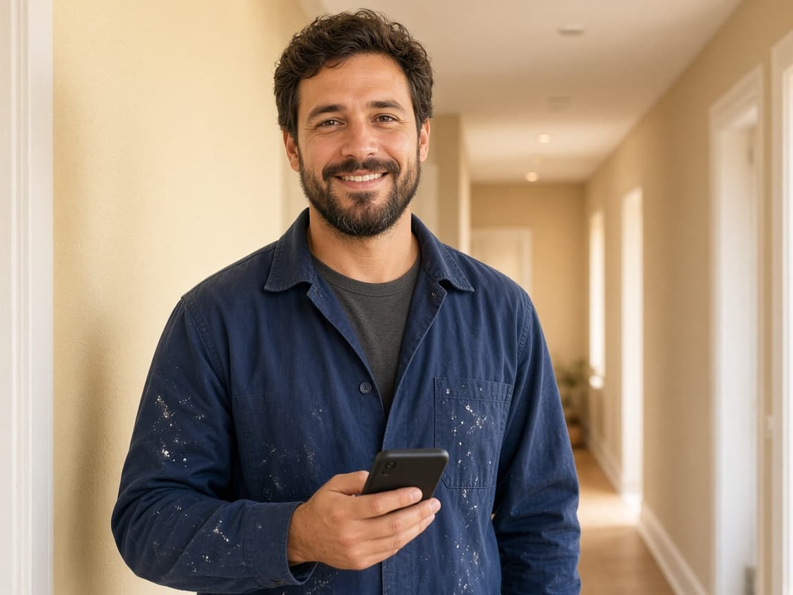 Pintor sorrindo no corredor de uma casa, com o celular na mão