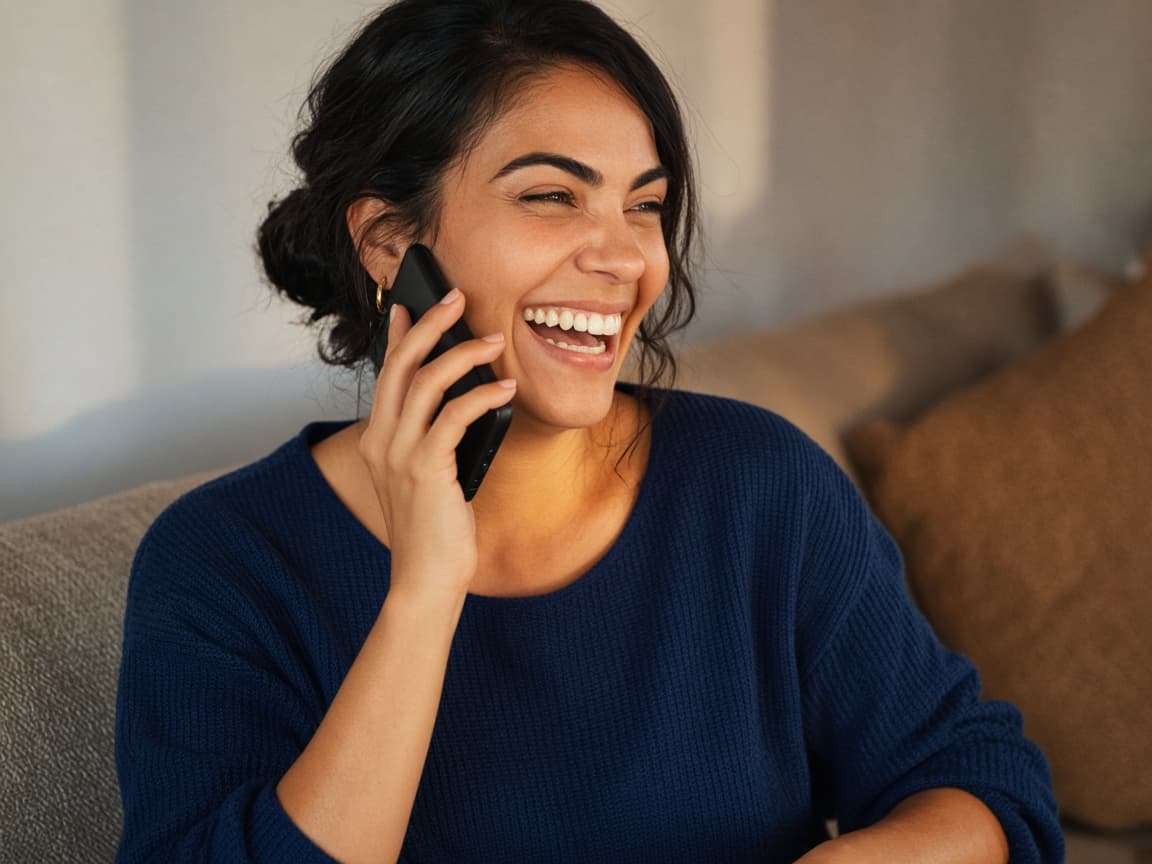 Mulher rindo ao telefone, combinando o serviço